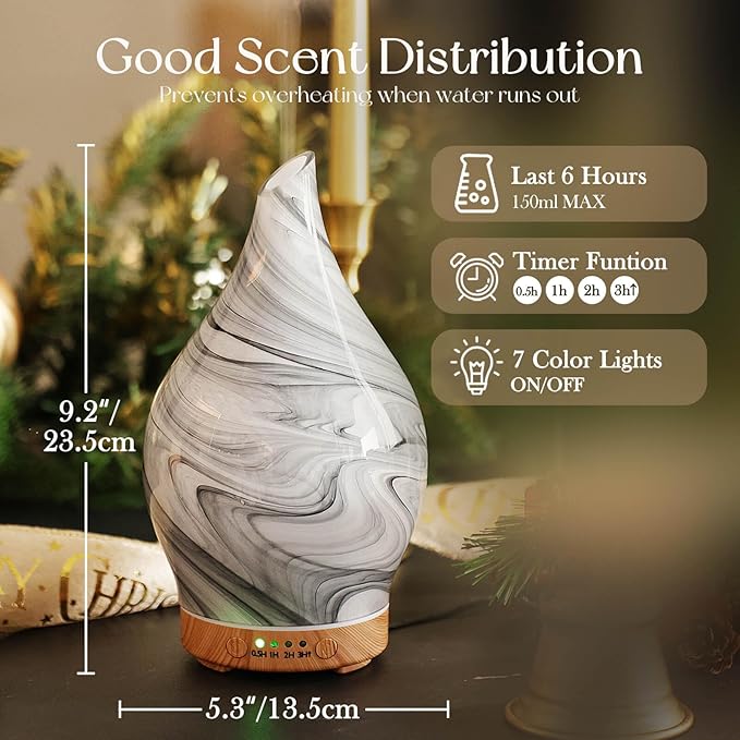 Porseme 150ml Essential Oil Diffuser Glass Color Changing Aroma Air Diffusers Aromatherapy Ultrasonic Cool Mist Humidifier 6 Running Hours Waterless Auto-Off for Sleeping, Yoga, Office, Spa (Ink)