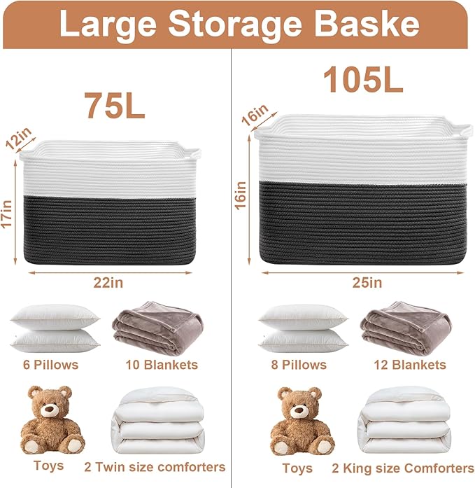 75L Large Blanket Basket, Rectangular Cotton Rope Basket, Laundry Hamper for Blankets, Pillows, Extra Large Toys Storage Bins for Kids, Dogs 22" x 17" x 12", White & Black