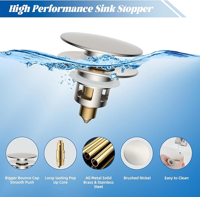 Hibbent All Metal 2 in 1 Bathroom Sink Stopper, Universal Pop Up Drain Strainer, Brass Bullet Core Push Type Sink Stopper for 1.1''~2.3'' Basin, Big Push Button, Anti Clogging Filter, Brushed Nickel
