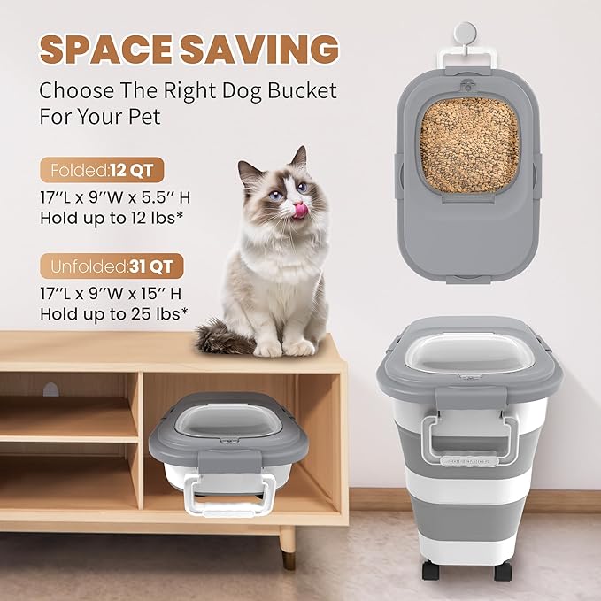 DDMOMMY 23-25 Lbs Airtight Dog Food Storage Container,Collapsible Pet food storage Container,All-in-One Cat Food Container Set with Scoops,Can Covers & Can Opener Spoons,Small Bin and Waste Bags