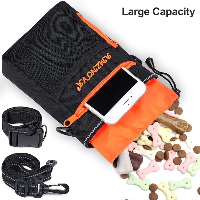 AMZNOVA Dog Treat Bag Treatkit Dog Treat Pouch, Waist Clip On Crossbody Fanny Pack for Pet, Training Pouch with Shoulder Strap & Waist Belt for Walking & Training, 6Cups, Black