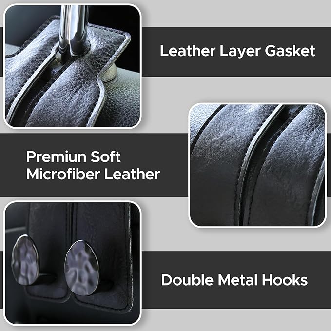 2PCS Leather Car Seat Hooks for Headrest, Vehicle Hanger Storage Organizer Universal for Handbag Purse, Car Accessories Gift (Black-Black)