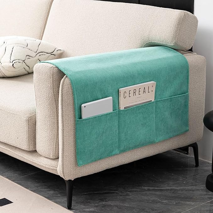 Recliner Chenier Armrest Covers for Living Room Anti-Slip Sofa Arm Protector for Dogs, Cats, Pets Armchair Slipcover for Couch with 3 Pockets for TV Remote Control, Phone, Set of 2 (Apple Green)