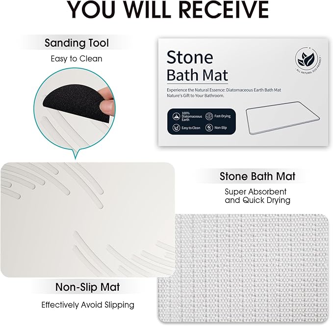 Stone Bath Mat Diatomaceous Earth Shower Mat Super Absorbent Non-Slip Diatomite Stone Bath Mats for Bathroom Floor Quick-Drying Natural Easy to Clean（24 * 16''）