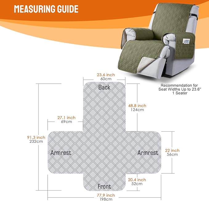 VANSOFY 100% Waterproof Recliner Chair Covers, Recliner Cover Non-Slip Dog Chair Cover Furniture Protector Washable Slipcover with Pocket, Elastic Straps for Pets, Dogs(Olive Green, 23.6")