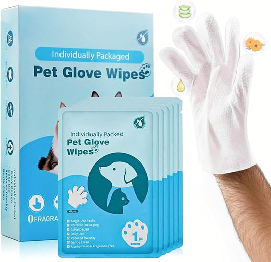 Pet Grooming Glove Wipes (6pc), Extra Thick Rinse-Free Bathing Gloves for Dogs & Cats, Unscented Hypoallergenic Deodorizing Wipes with Aloe & Glycerin, Portable Travel Pet Cleaning Supplies