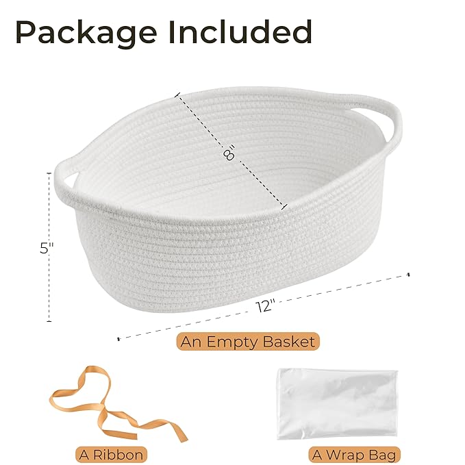 Small Woven Gift Basket Empty with Bag & Ribbon - Gifts for Mom, Baby Shower, Birthdays & Raffle - Cotton Rope Storage Basket for Dog Toys or Shelf - 12"x8"x5", White