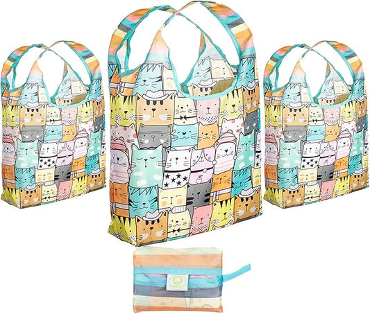 O-WITZ Reusable Grocery Bags | Vibrant Tote Bag For Groceries, Gym, Beach Gear, Toys & More | Washable Design With Large Handles For Maximum Convenience | Folds Into A Small Pouch, 3 Pack, Cats