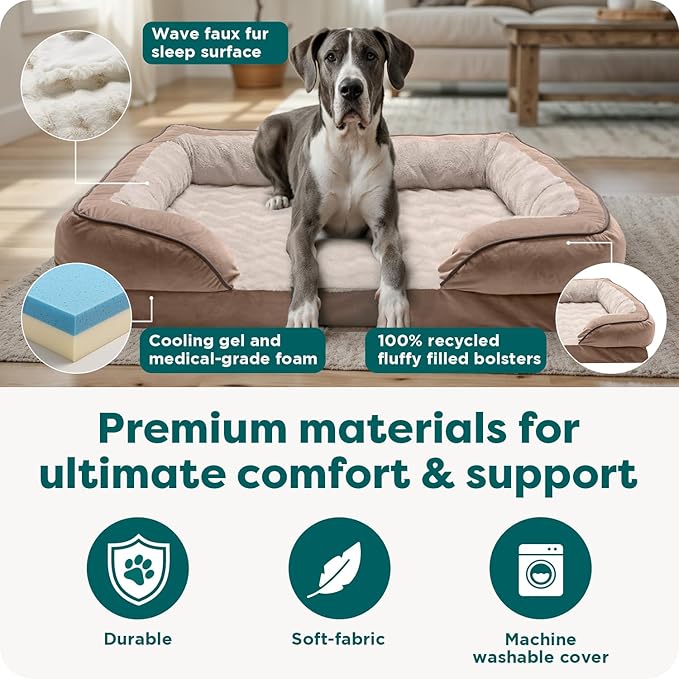FurHaven Cooling Gel Dog Bed for Large Dogs, Perfect Comfort Sofa Bed with Cool Gel-Top Foam & Solid Orthopedic Foam Base for Joint Support, Washable Cover, Jumbo Plus/XXL, Plush & Velvet, Brownstone