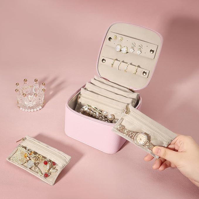 DesignSter Small Jewelry Box, Travel Small Jewelry Organizer with Earring Tray and Ring Holder,Square Travel Jewelry Storage Case with 6 Velvet Jewelry Pouches, Pink
