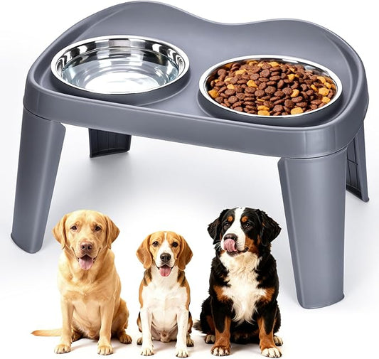Petizer Large Sized Elevated Dog Bowls, No Spill Raised Height Stand Dog Feeder with 2 Thick 60OZ Stainless Steel Food and Water Bowl Set, Grey, for Medium Large, Food Dishes with Non-Slip Feet