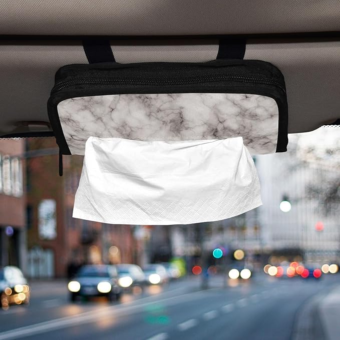 Car Tissue Holder Car Napkin Holder Car Tissue Box Dispenser Storage Case Sun Visor Mask Holder with Adjustable Straps Reusable Refillable Marble Grey