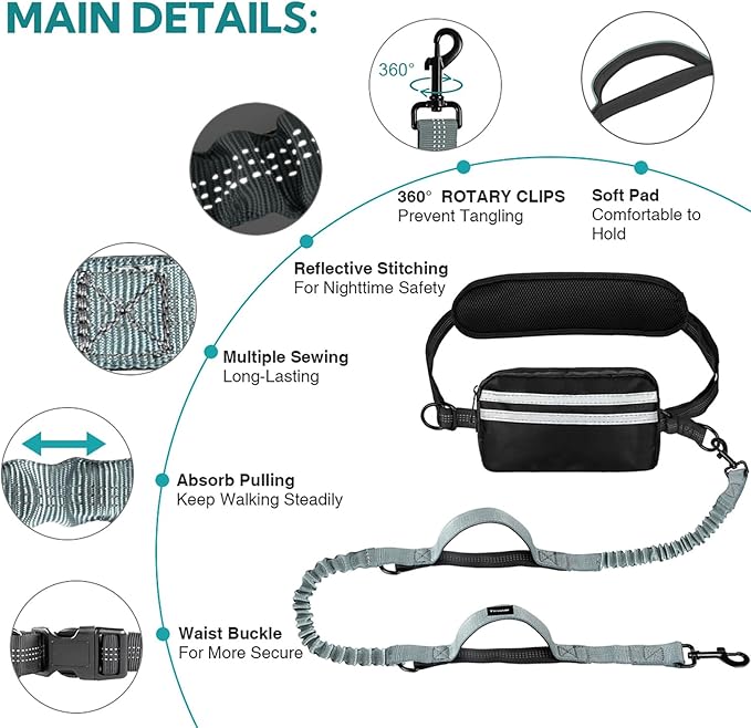 Hands Free Dog Leash with Pouch, Double Leash for Two Dogs, Retractable Bungee with Double Padded Handles, Waist for Dog Walking, Running for Dogs, Dog Walking Accessories