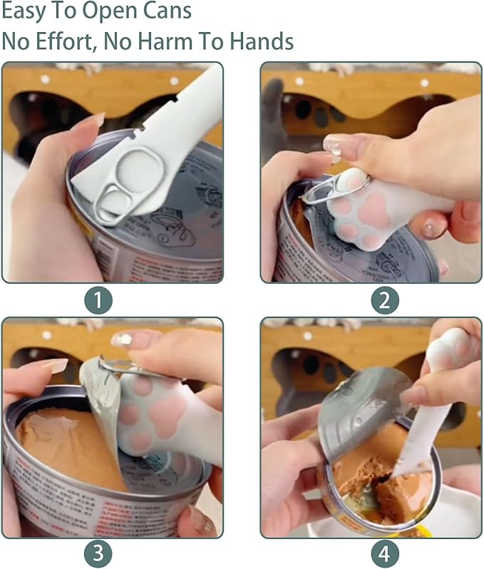 4pcs gray Pet Food Can Supplies Set，Silicone Cat Dog Food Can Lids Spoons with Multi-Function Cat Food Spoon and Opener Cute Paw Shape Opener Spatula Wet Food Spoon