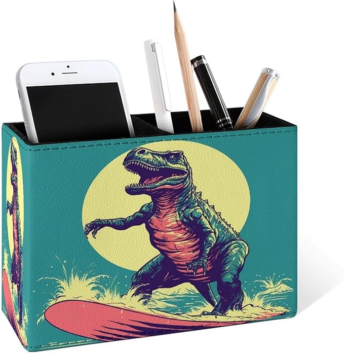 Famame Surfing Vintage Dinosaur Pencil Holder for Desk, Leather Desktop Container Pen Cup Storage Study Table Pen Organizer Makeup Brush Holder for Classroom Office Home
