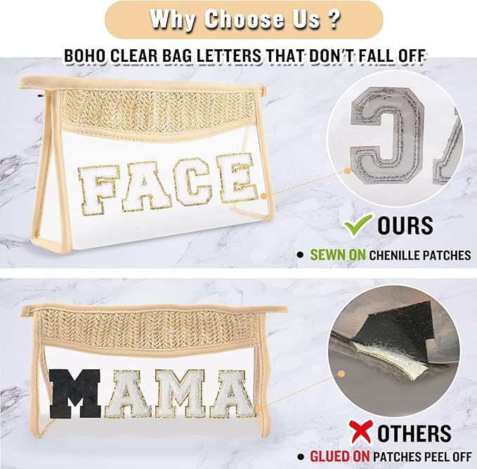 Boho Clear Makeup Letter Patch Makeup Bag FACE Pouch, Clear Toiletry Bag Travel Small Cute Preppy Chenille Letter Cosmetic Zipper Pouch Purse, Transparent Waterproof Makeup Clutch Bag for Women(FACE)