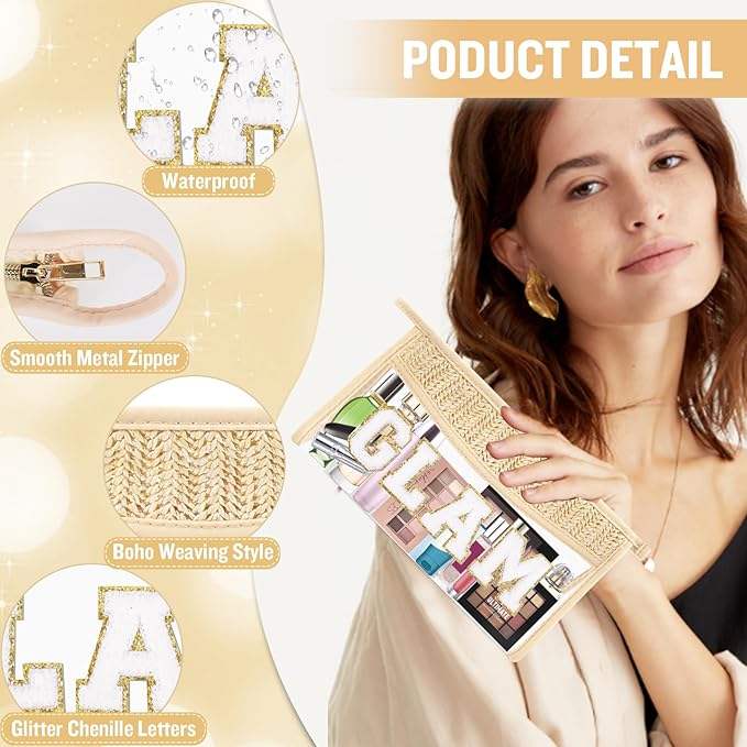 Boho Clear Makeup Letter Patch Makeup Bag GLAM Pouch, Clear Toiletry Bags Travel Small Cute Chenille Letter Cosmetic Zipper Pouch Purse, Transparent PVC Waterproof Make Up Storage for Women Girl(GLAM)