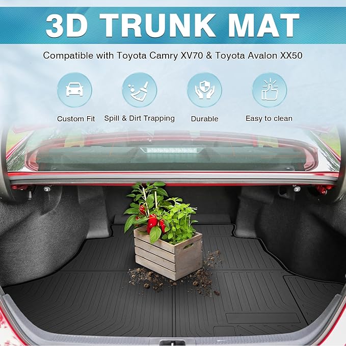 Mixsuper Custom Fit Cargo Liner for 2018-2023 2024 2025 Toyota Camry & Avalon 2019-2022 All Weather Trunk Mat TPO Durable Odorless 3D Rear Trunk Liner Cargo Mat Black