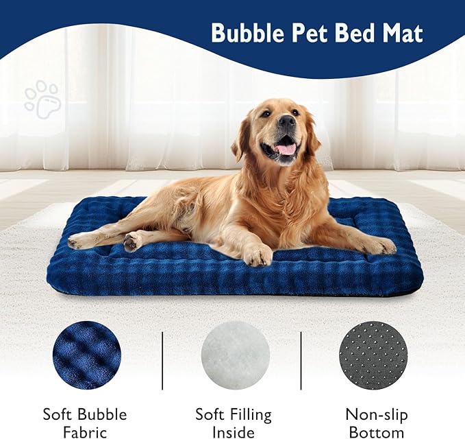 Dog Bed Mat Crate Pad for Large Dogs, Washable Soft Pet Sleeping Mat Kennel Pad with 3D Bubble Pattern, Navy Blue, 42"x 28"