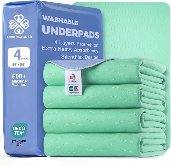 Accompagner Waterproof Reusable for Adults and Pets Washable Pee Pads for Dogs Changing Pad Large Dog Bed Size Adults Incontinence Bed Pads - Non-Slip Leak-Proof (Green, 36"x54"(Pack of 4))