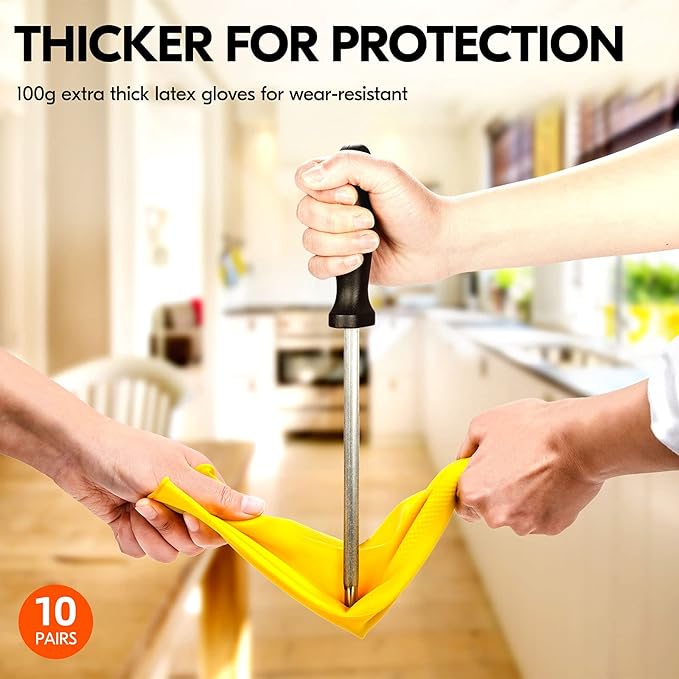 Vgo... 10-Pairs Reusable Household Gloves, Rubber Dishwashing gloves, Extra Thickness, Long Sleeves, Kitchen Cleaning, Working, Painting, Gardening, Pet Care (Size M, Yellow, HH4601)