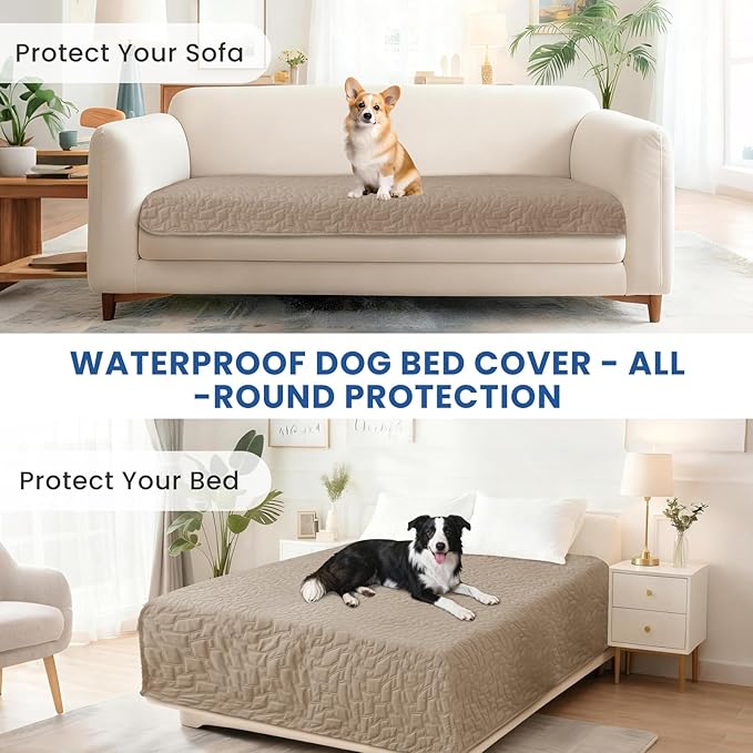 Waterproof Dog Blanket, Non-Slip Soft Pet Bed Cover, Couch Cover for Dogs Washable, Protects Sofa, Furniture, Crate, Car, Tear Resistant Leakproof Pet Blanket (82x82 Inch, Khaki)