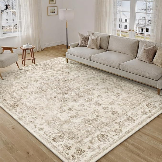 7x9 Washable Neutral Area Rug Beige Vintage Living Room Bedroom Carpet Non-Slip Soft Low Pile Farmhouse Indoor Throw Rug for Dining Room Entryway Office