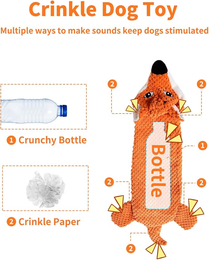 KrauzPet Dog Toys, Squeaky Plush No Stuffing Crinkle Dog Toy for Small Medium Large Dogs, [3 Pack] Interactive Puppy Teething Water Bottle Dog Chew Toy