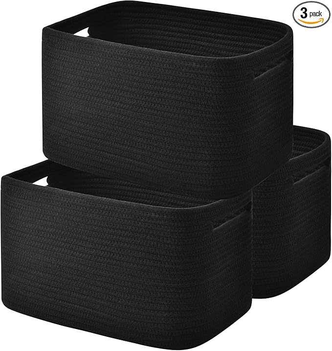 Storage Basket, Woven and Cotton Rope Baskets for Organizing, Decorative Book, Towel, Toy Baskets or Storage Bins for Living Room - 3 Pack, Black