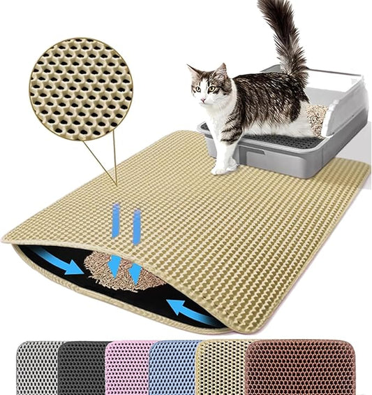 Petinstinct Small Cat Litter Mat, 20x14’’ Double Layer Honeycomb Cat Litter Box Mat, Non Slip Waterproof Urine Proof Litter Trapping Mat for Floor, Kitty Litter Pad, Indoor Pet Supplies, Beige