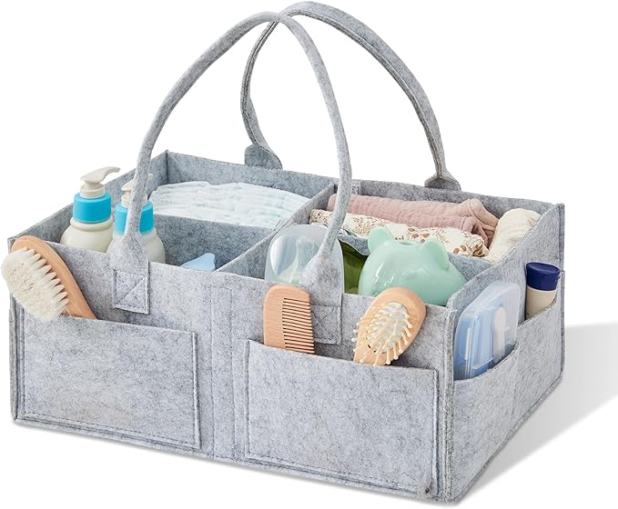 Upgraded Baby Diaper Caddy Organizer, Portable Nursery Storage Bin with Handle, Side Pockets Car Organizer for Diapers and Baby Wipes Essentials, Registry Gift Baskets (1Pcs-Large-Grey)