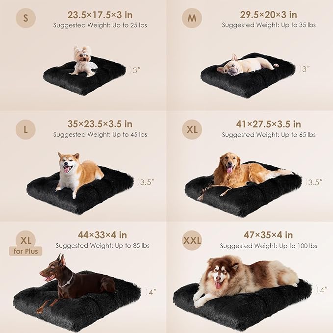 EHEYCIGA Fluffy Dog Crate Bed for Extra Large Dogs, Plush Faux Fur XLP Pad, Calming Anti Anxiety XL Plus Bed for Crate, Washable Soft Warm Dog Mat with Non-Slip Bottom, Black