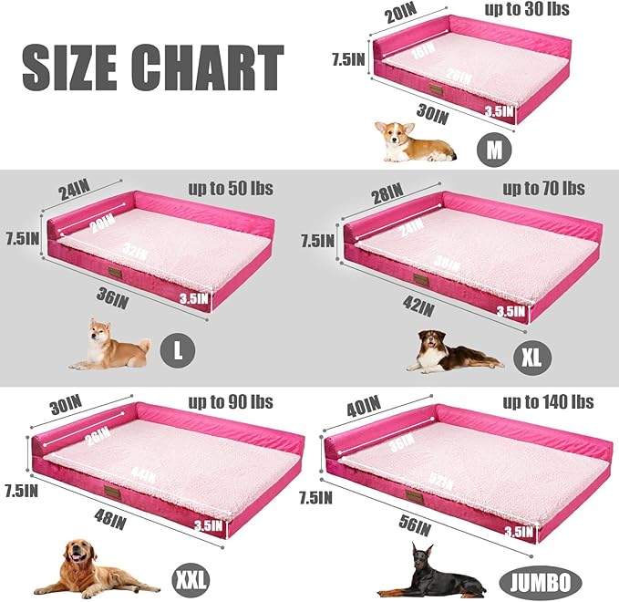 Patas Lague Orthopedic Dog Bed Large Sized Dog 36''X24'', Waterproof L Bolster Medium Pet Sofa Beds with Removable Washable Cover, Soft Pet Couch Crate Mat with Nonskid Bottom, Pink