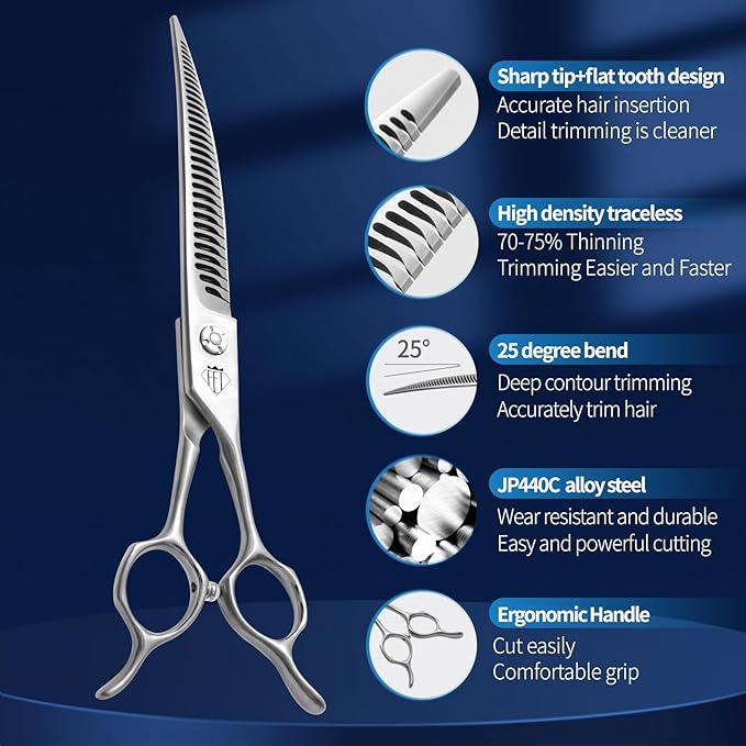 Dog Grooming Scissors: Pet Shears Made Of Japanese 440C Advanced Stainless Steel Professional Grooming Scissors for Dogs Cats and Other Pets (A Curved Chunker, 7.0 inch)