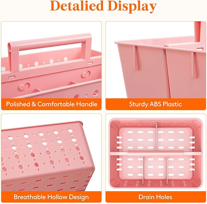 Lifewit Shower Caddy Portable, Plastic Bathroom Organizer with Handle and Holes, Hard Cleaning Basket for Toiletry Storage, College Dorm Essentials, Pink, 2 Packs