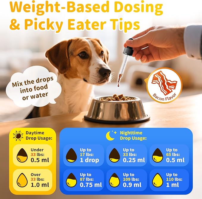 Hemp & Melatonin Calming Drops for Dogs – Day & Night Calming Treat for Anxiety Relief, Stress, Aggression, Separation, Relaxation & Sleep Aid, Bacon Flavor, 2 FL Oz