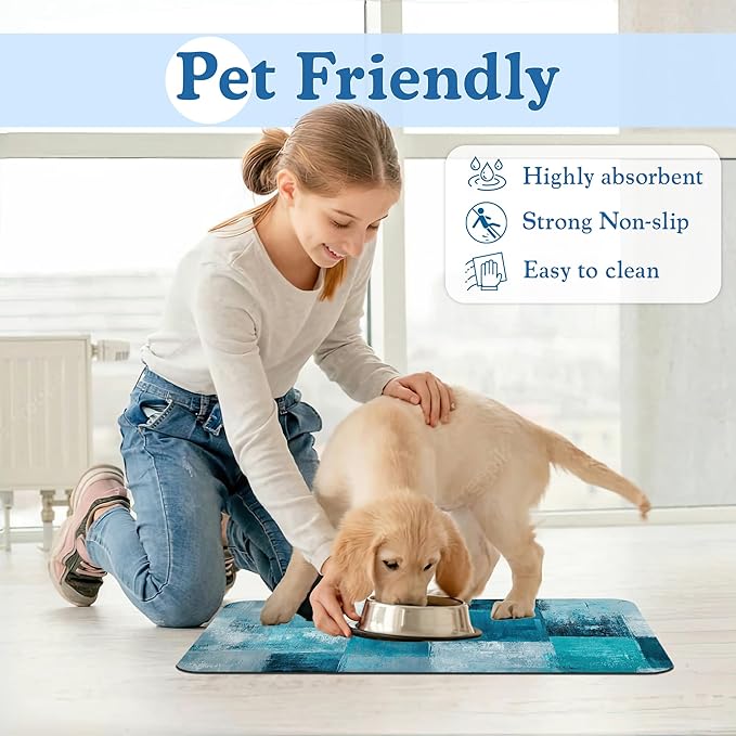 Blue Teal Dog Cat Food Mat–Absorbent Waterproof Placemat for Food and Water Bowls, Non Slip Rubber Backing, Feeding Mat for Clean Floors 12"x20"
