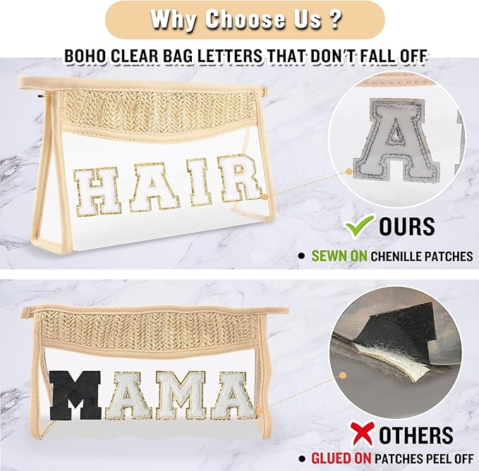 izuzta Clear Letter Patch Makeup Bag, Boho Transparent PVC Waterproof Travel Cosmetic Organizer, Unisex-Adult, 10.2 x 5.7 x 2.4 inches