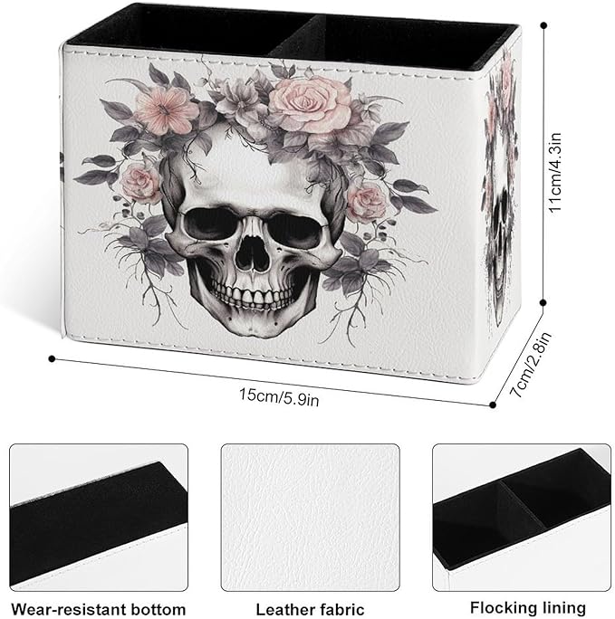 Famame Vintage Skull Flowers Skeleton Pencil Holder for Desk, Leather Desktop Container Pen Cup Storage Study Table Pen Organizer Makeup Brush Holder for Classroom Office Home