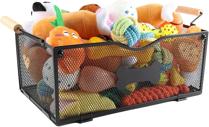 Metal Dog Toy Basket Medium,Mesh Wire Baskets for Pet Toy,Collapsible Cat Toy Bin with Wooden Handles,Dog Storage Organizer,Ideal for Dog Cat Accessories-Easy Assemble