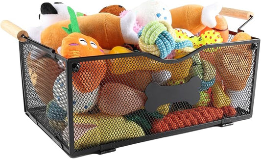 Metal Dog Toy Basket Medium,Mesh Wire Baskets for Pet Toy,Collapsible Cat Toy Bin with Wooden Handles,Dog Storage Organizer,Ideal for Dog Cat Accessories-Easy Assemble