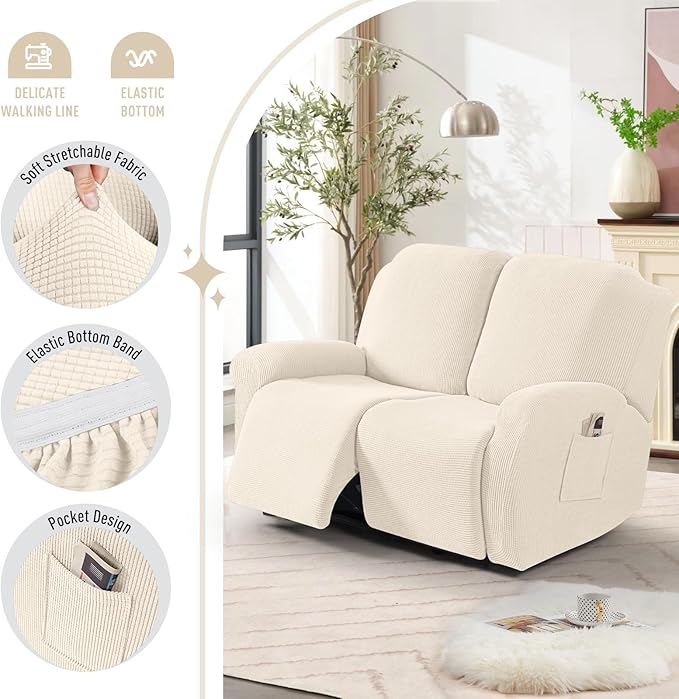 TAOCOCO Recliner Loveseat Slipcover, 6 Pieces Dual Recliner Sofa Covers for 2 Seat Dual Reclining Loveseat Couch, Stretch Soft Jacquard Pattern Furniture Protector with Elasticity (Beige White)