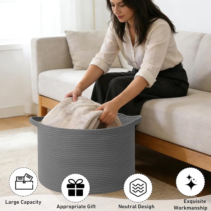 90L Large Blanket Basket,21.7"L x 21.7"W x 13.8"H Rope Woven Baskets with Handles, Toys Storage Bins,Laundry Basket Perfect for Living Room, Nursery,Bedroom,Home Organization,Dark Gry