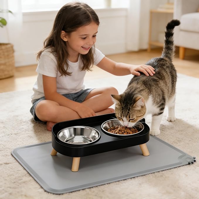 Elevated Cat Bowls with Food Mat, Splash Proof Anti Vomiting Raised Cat Food and Water Bowl Set, 2 Stainless Steel Dishes for Cats and Puppy, Pet Bowl for Indoor Cats Black