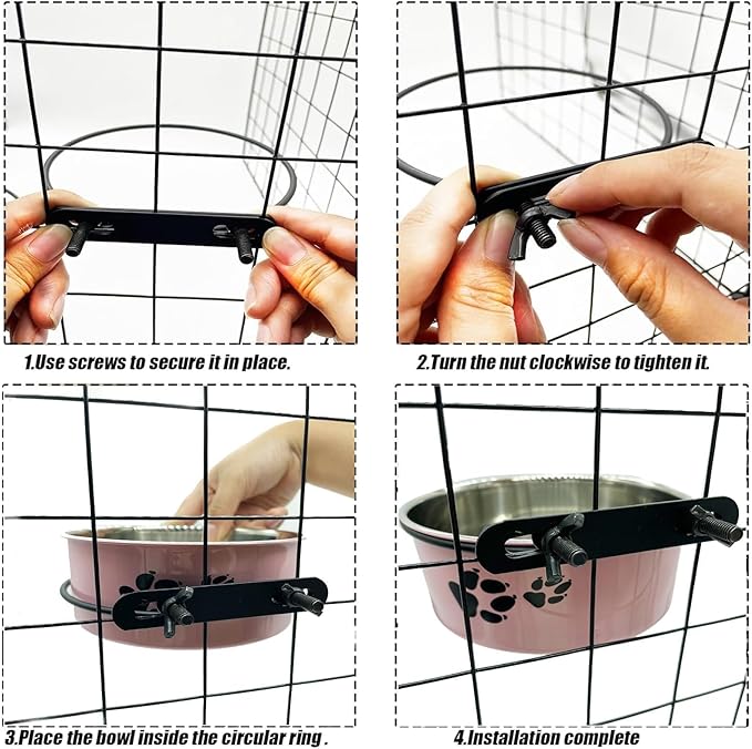 Dog Crate Food and Water Bowl 2Pcs Small Pet Hanging Kennel Removable Dish Feeding Cup No Spill with Holder for Medium Large Size Cat Puppy (Pink, 5.5''X2.3''&6.3‘’X2.5'')