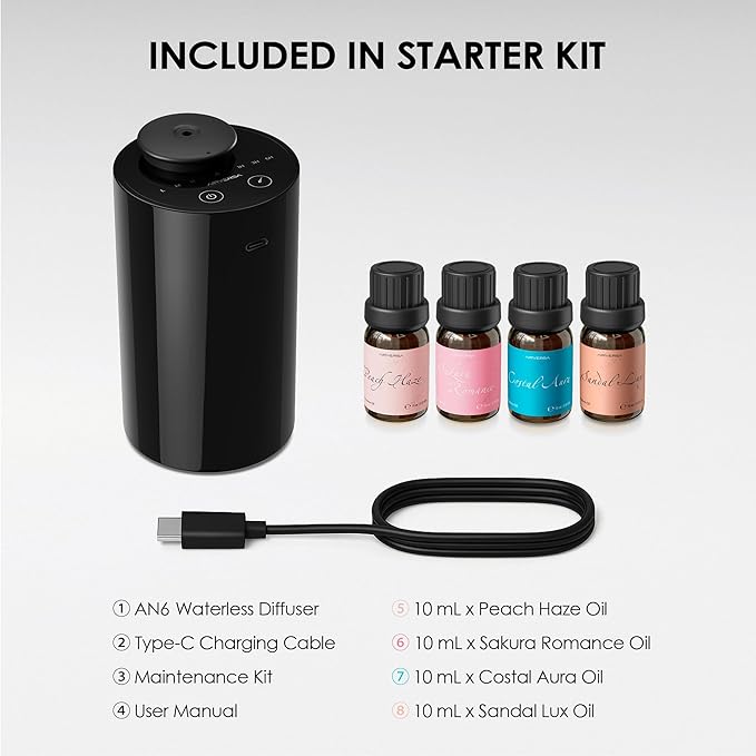 Airversa Waterless Essential Oil Diffuser Starter Kit with 4 x 10mL Fragrance Scent Oil, Battery Operated Mini Scent Air Machine Portable Diffuser for Home Car Office, AN6 Black Kit01