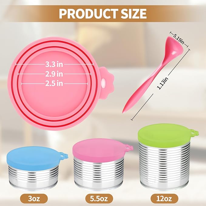 4-Pack Pet Food Can Lids, Silicone Dog Food Lids for Cans, Universal Wet Cat Food Lid Covers, Leakproof Reusable Plastic Can Covers, One Fits 3 Standard Sizes with Matching Scoops, Multicolored
