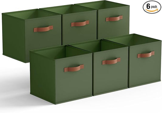 GRANNY SAYS Cube Storage Bins, 11 Inch Storage Cube Organizer, Collapsible Fabric Storage Cubes with PU Handles, Decorative Cube Storage Organizer for Shelves, Closet, Olive Green, 6-Pack