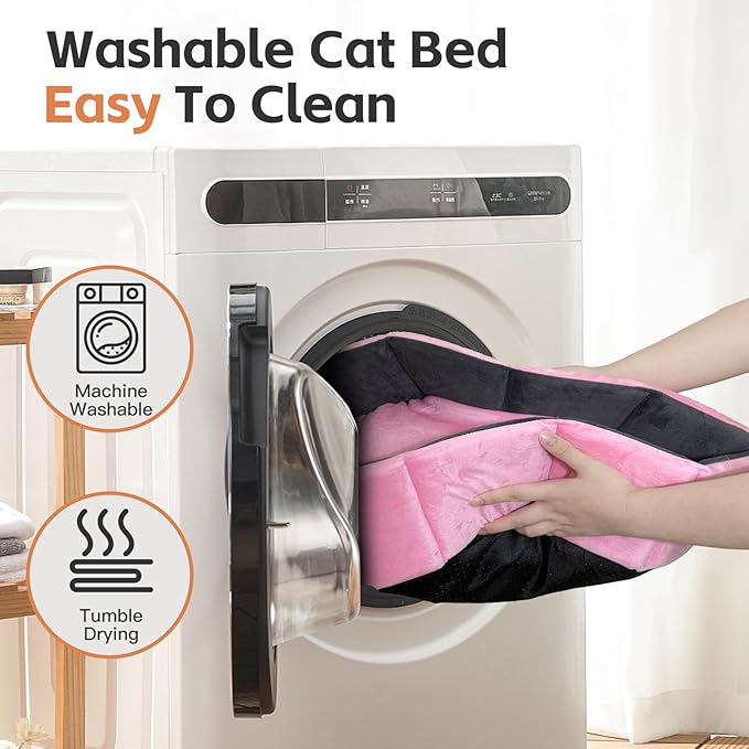 PJYuCien Cat Bed Kitten Bed, Washable Round Cat Beds for Indoor Cats, Super Soft Faux Rabbit Fur Small Bed for Puppy and Kitten, Fluffy Inner Mat Filling Memory Foam with Anti-Slip Bottom (Pink)