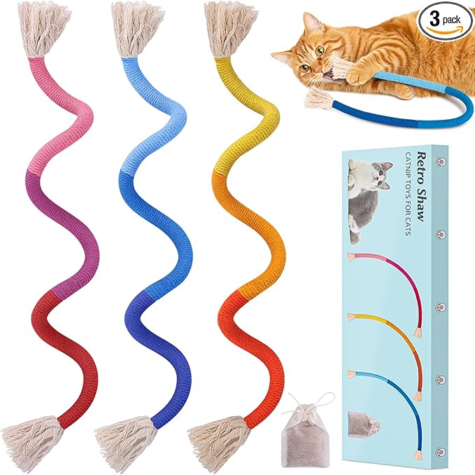 Retro Shaw Cat Chew Ropes with Natural Catnip, 23.6 Inches Safe Teeth Cleaning Cat Toys for Indoor Kittens, Interactive Kitty Kicker Nip String Toys 3 Pack